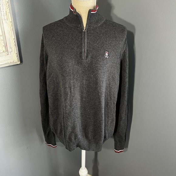 Psycho Bunny 1/4 Zip Pullover Sweater Mens Medium Gray Mock Neck Pima Cotton - Picture 1 of 7